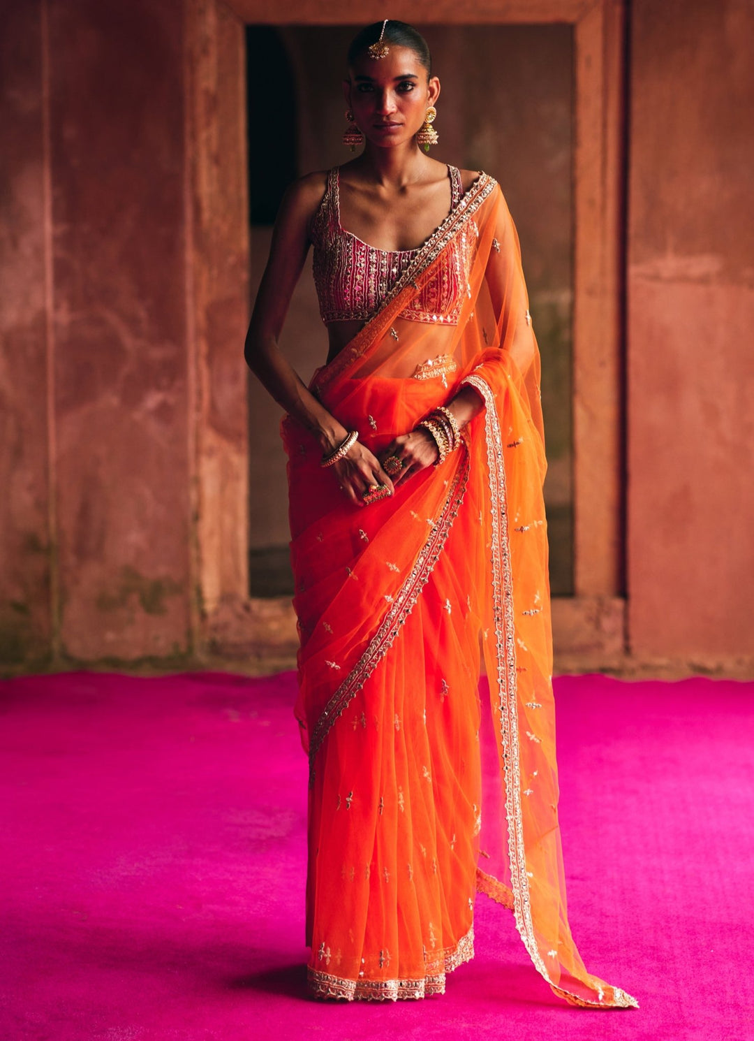 Orange Mirrorwork Net Saree With Red Blouse Angad Singh - Fabilicious Fashion