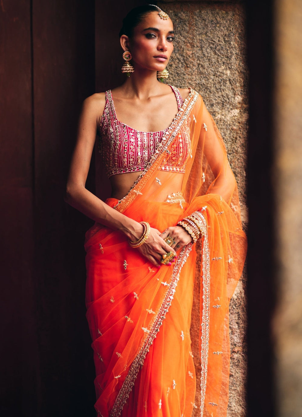 Orange Mirrorwork Net Saree With Red Blouse Angad Singh - Fabilicious Fashion