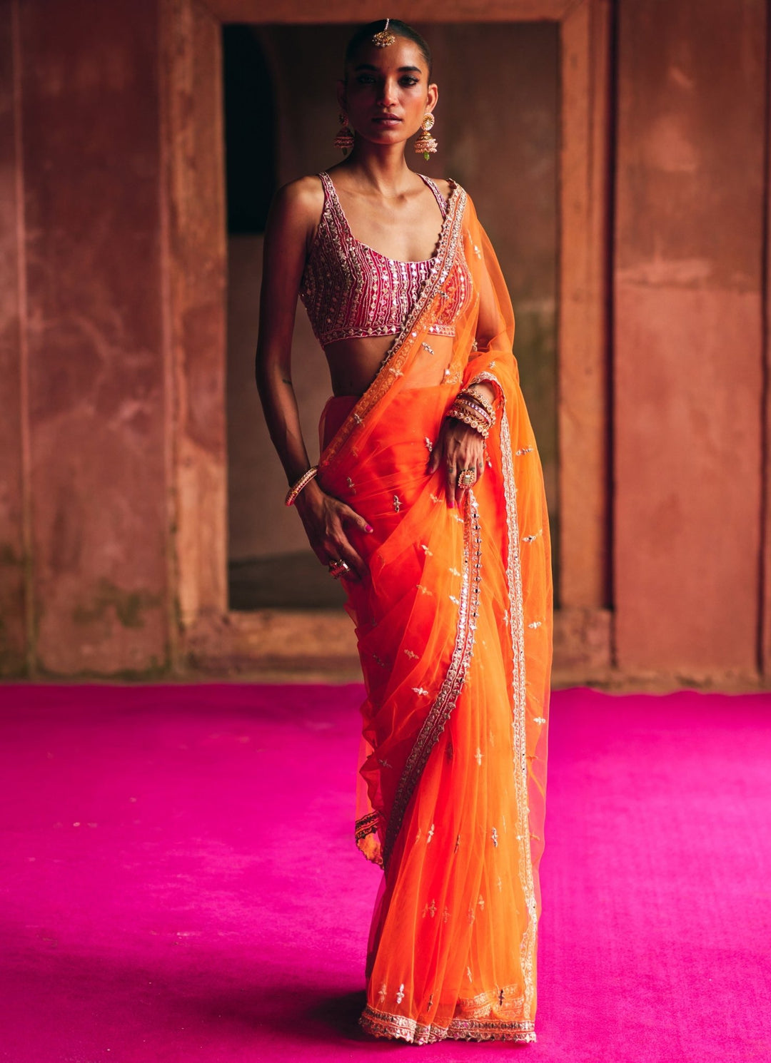 Orange Mirrorwork Net Saree With Red Blouse Angad Singh - Fabilicious Fashion