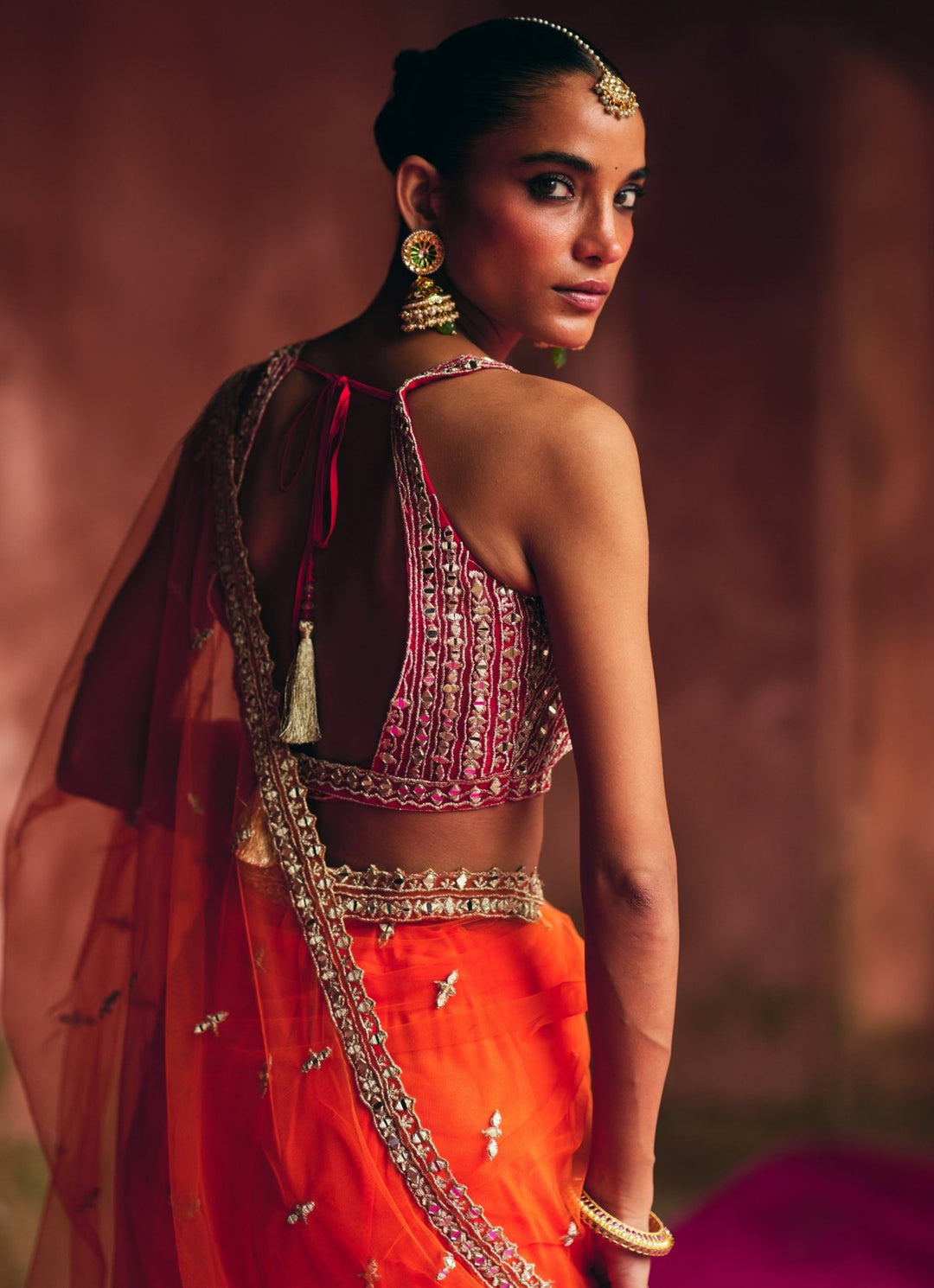 Orange Mirrorwork Net Saree With Red Blouse Angad Singh - Fabilicious Fashion