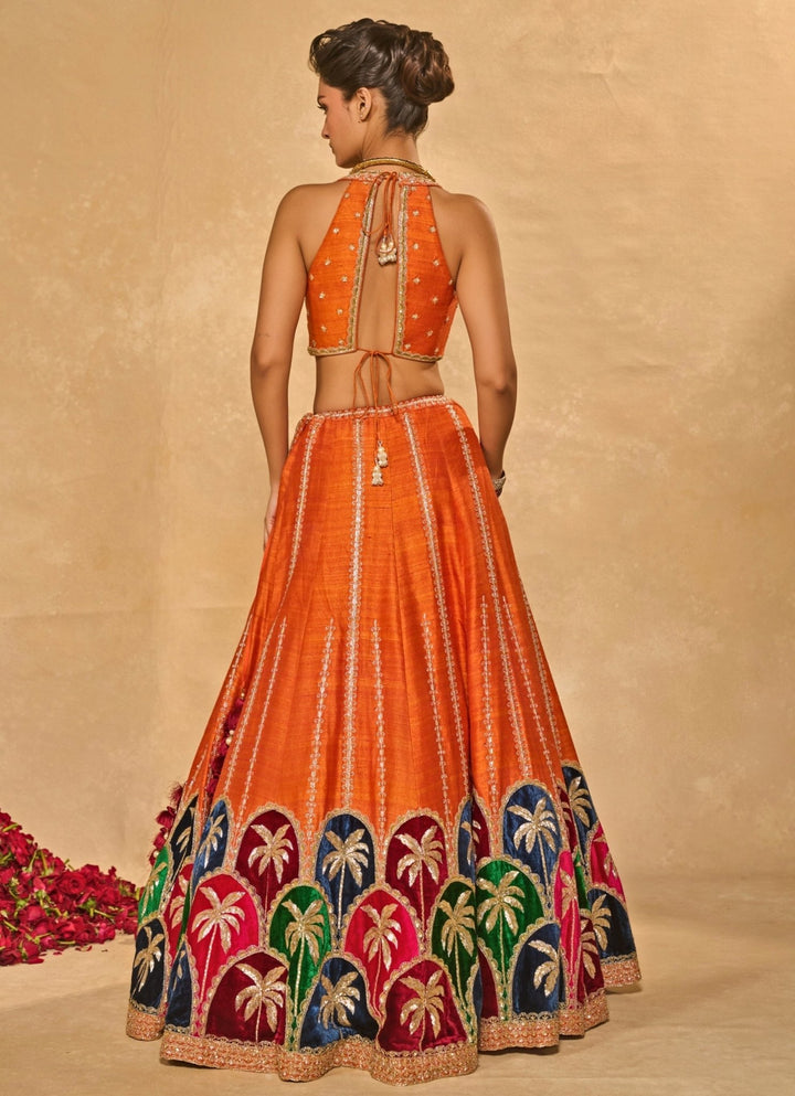 Orange Multicolour Raw Silk Lehenga Chamee &amp; Palak - Fabilicious Fashion
