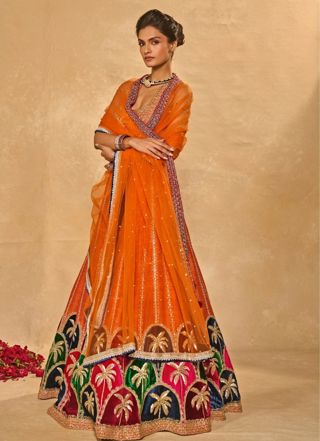Orange Multicolour Raw Silk Lehenga Chamee &amp; Palak - Fabilicious Fashion
