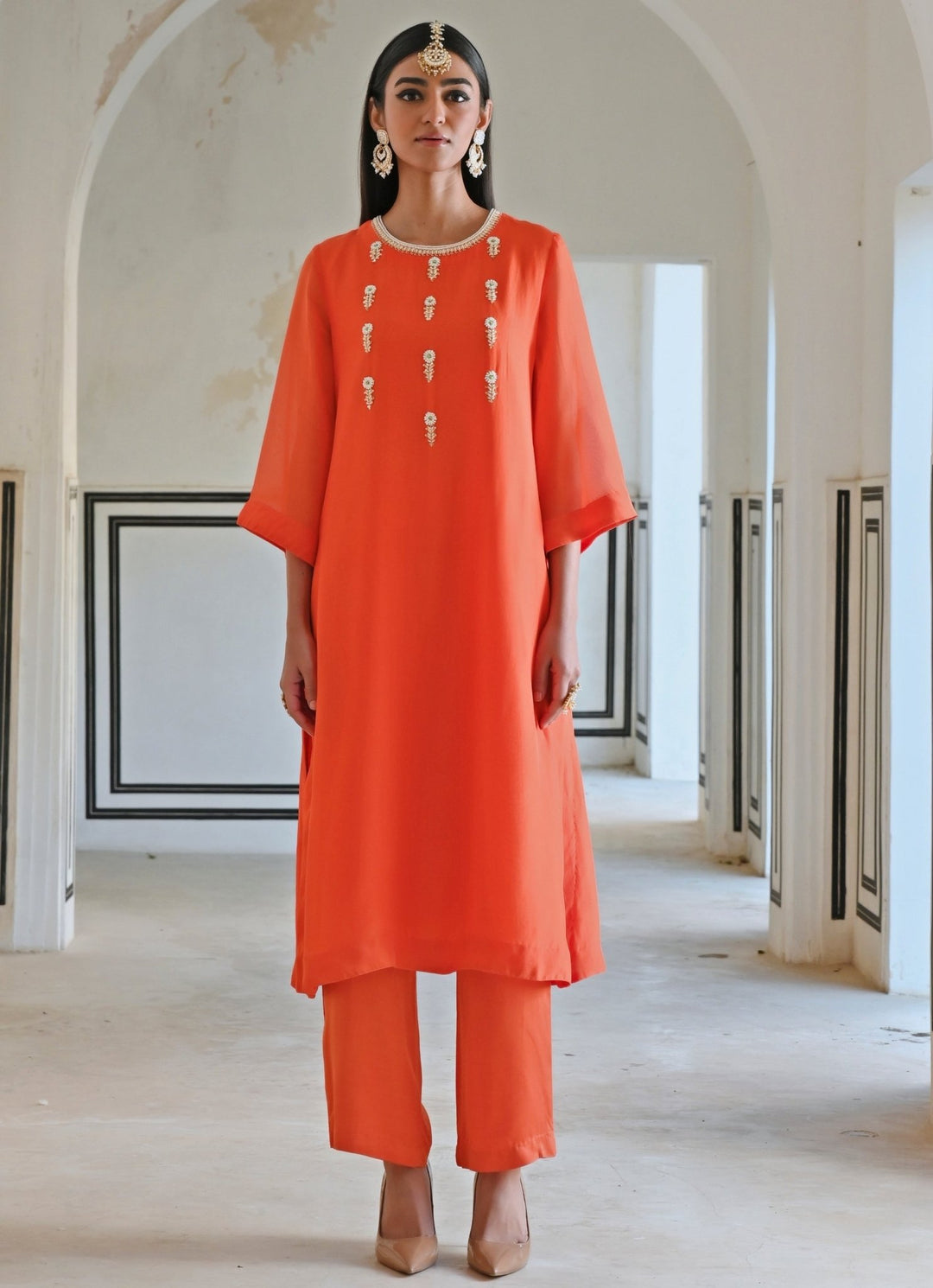 Orange Organza Embroidered Kurta Pant Set Ease - Fabilicious Fashion