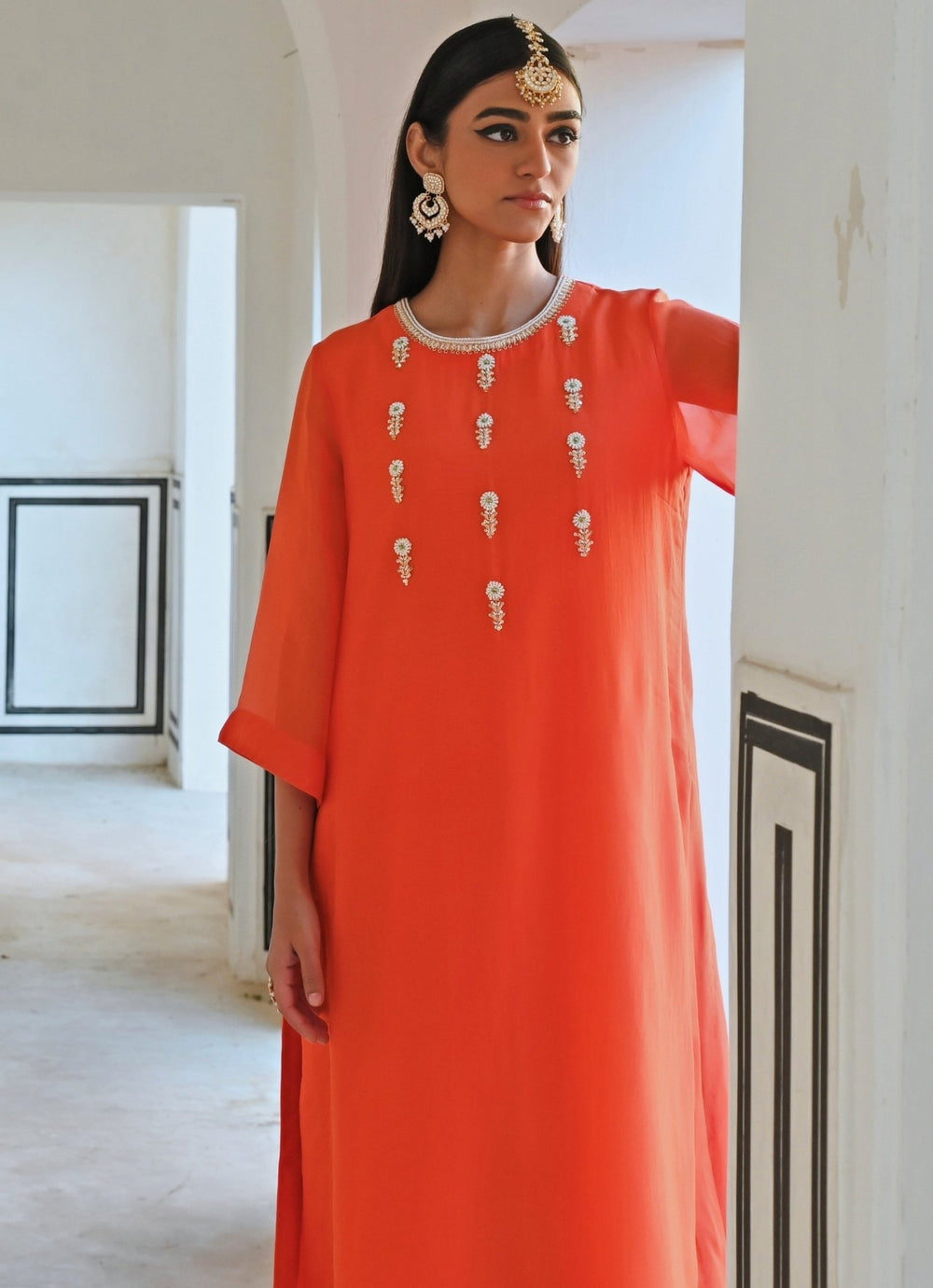 Orange Organza Embroidered Kurta Pant Set Ease - Fabilicious Fashion