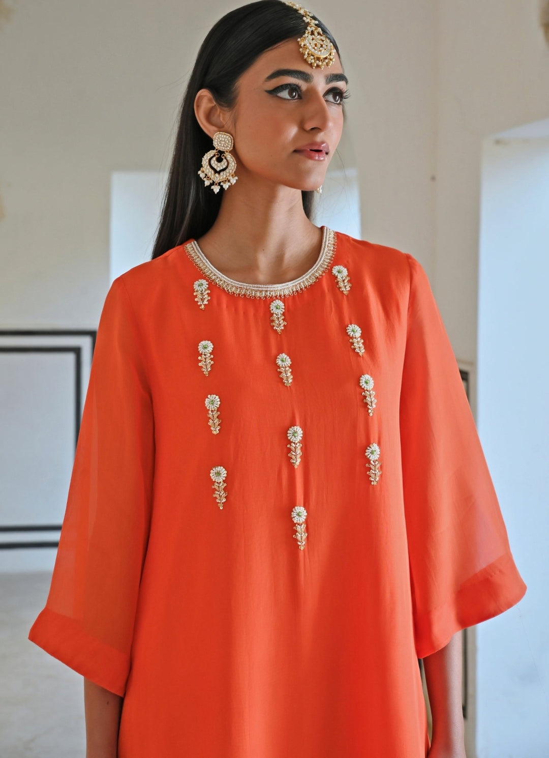 Orange Organza Embroidered Kurta Pant Set Ease - Fabilicious Fashion