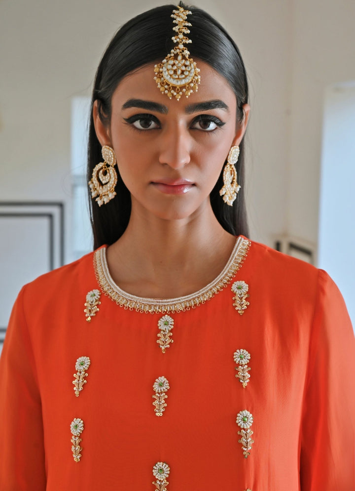 Orange Organza Embroidered Kurta Pant Set Ease - Fabilicious Fashion