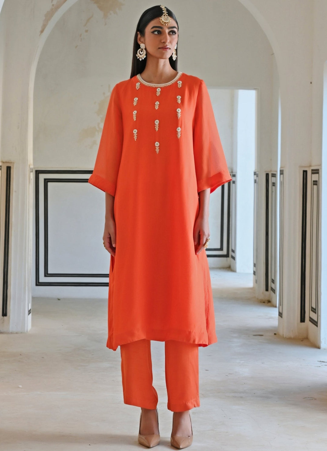 Orange Organza Embroidered Kurta Pant Set Ease - Fabilicious Fashion