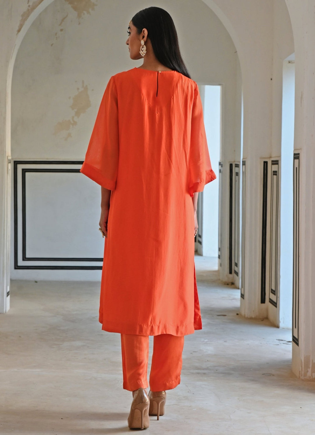 Orange Organza Embroidered Kurta Pant Set Ease - Fabilicious Fashion
