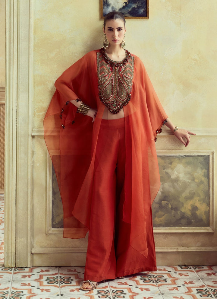 Prisho Orange Organza Jacket Pants SetFabilicious Fashion