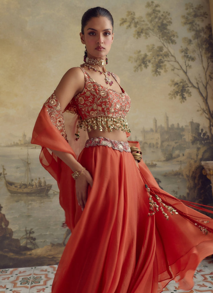 Prisho Orange Organza Lehenga Set With CapeFabilicious Fashion