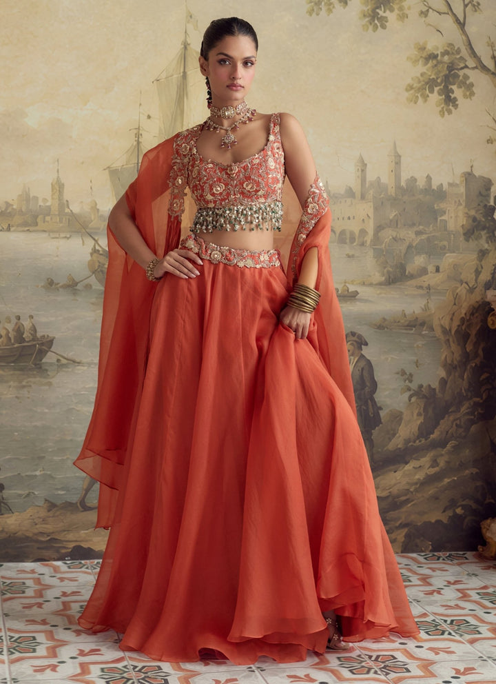 Prisho Orange Organza Lehenga Set With CapeFabilicious Fashion