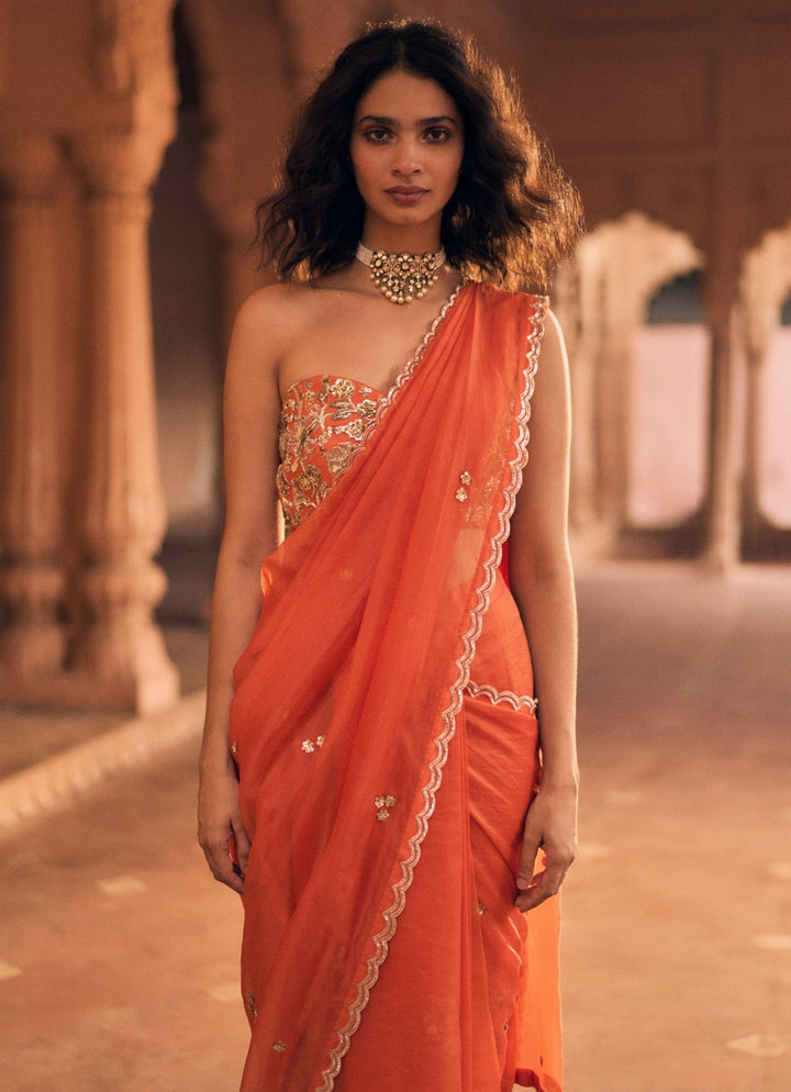 Orange Organza Predraped Saree With Corset Blouse Paulmi and Harsh - Fabilicious Fashion