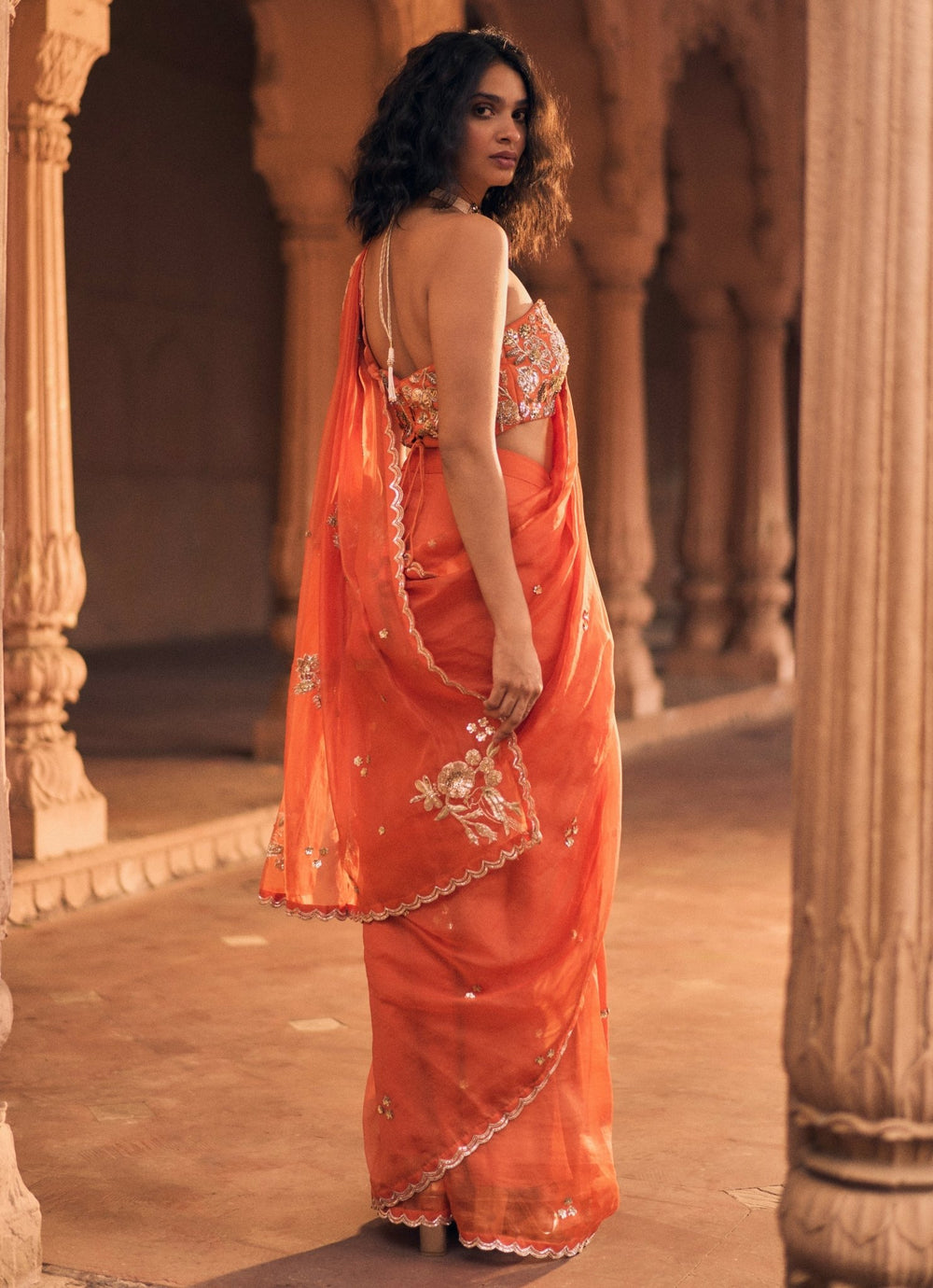 Orange Organza Predraped Saree With Corset Blouse Paulmi and Harsh - Fabilicious Fashion
