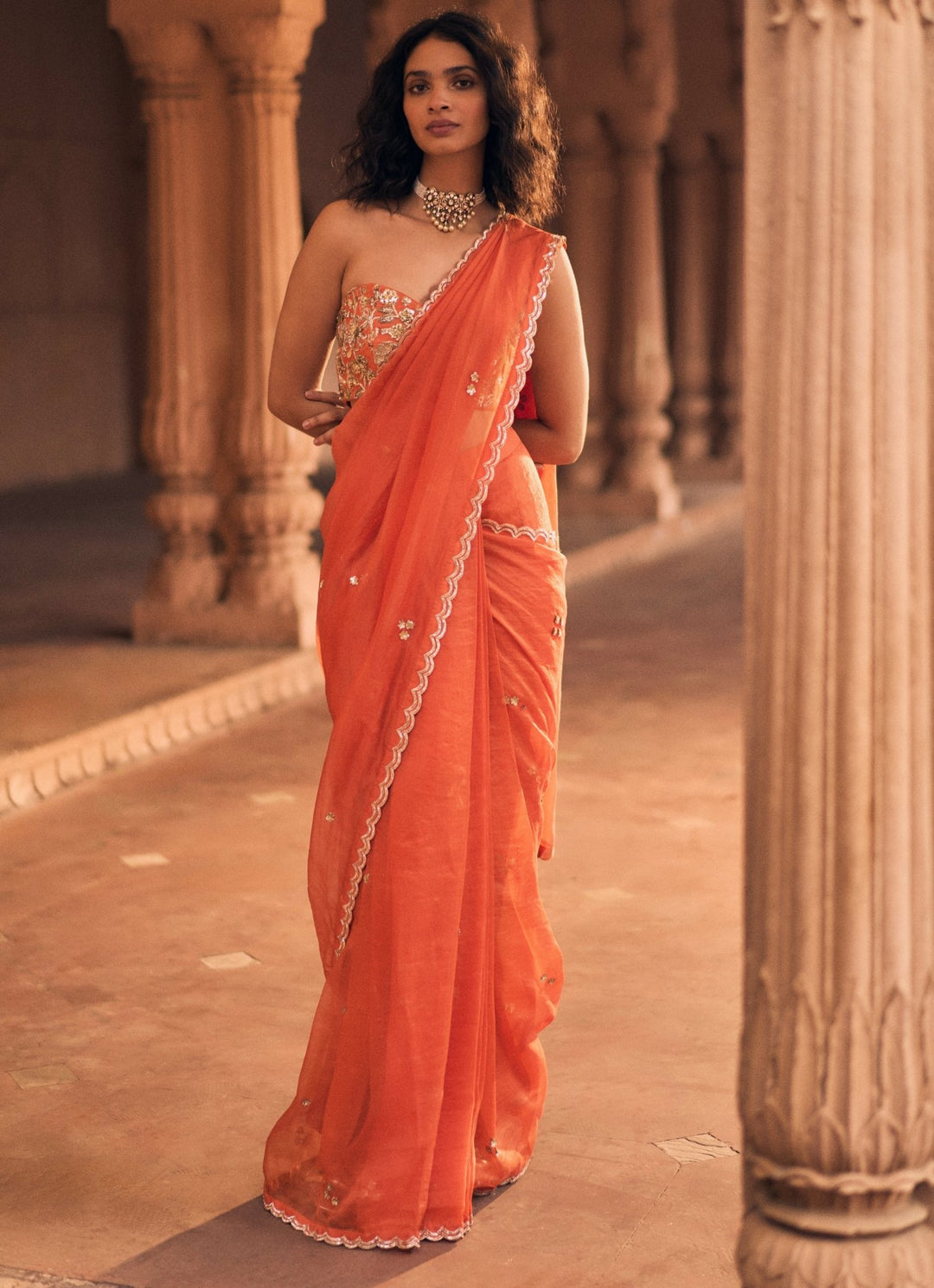 Orange Organza Predraped Saree With Corset Blouse Paulmi and Harsh - Fabilicious Fashion