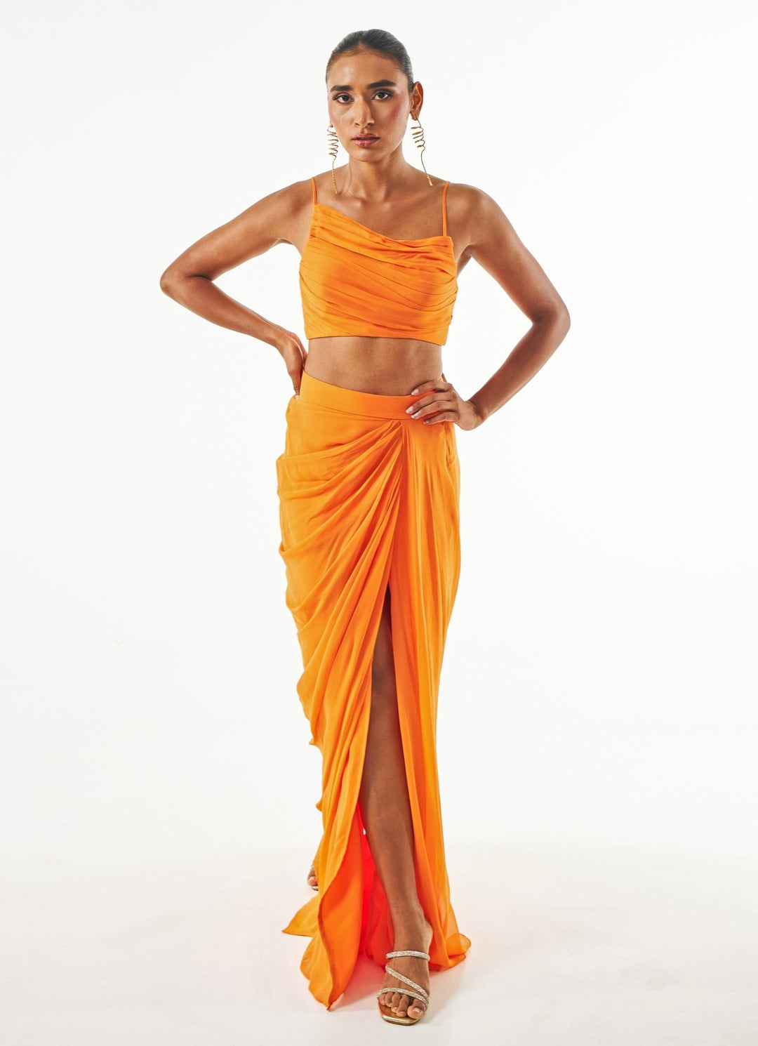 Orange Pre Draped Pure Georgette Slit Skirt Set Ankita Bajaj Label - Fabilicious Fashion