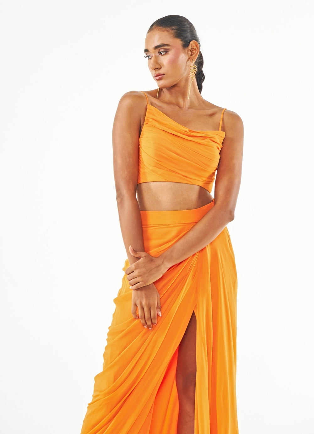 Orange Pre Draped Pure Georgette Slit Skirt Set Ankita Bajaj Label - Fabilicious Fashion
