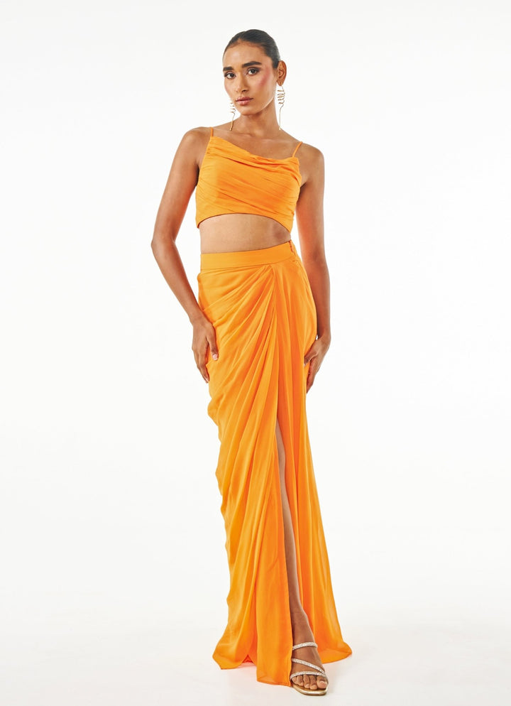 Orange Pre Draped Pure Georgette Slit Skirt Set Ankita Bajaj Label - Fabilicious Fashion