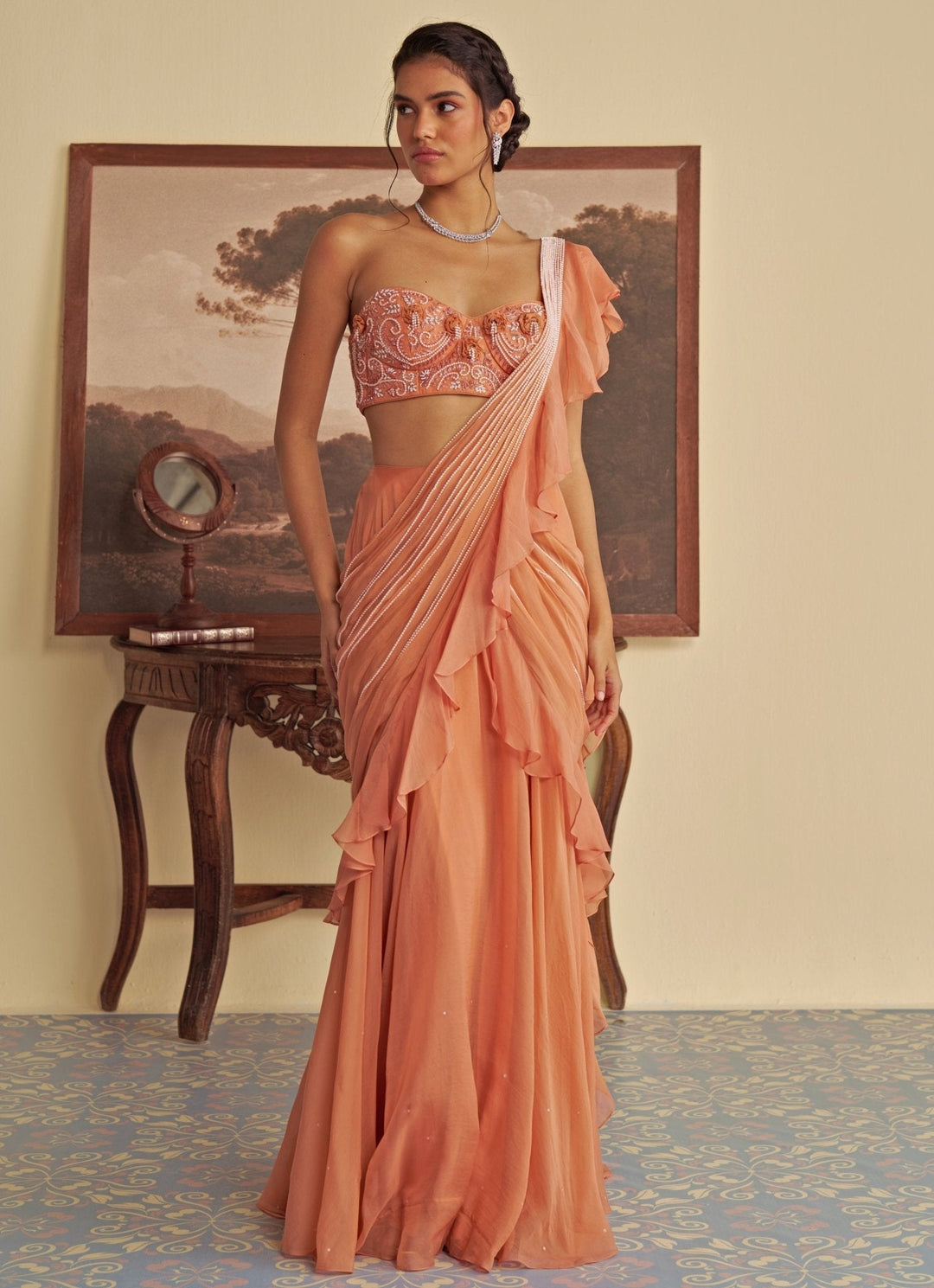 Orange Predraped Ruffle Organza Saree Jade by Ashima - Fabilicious Fashion