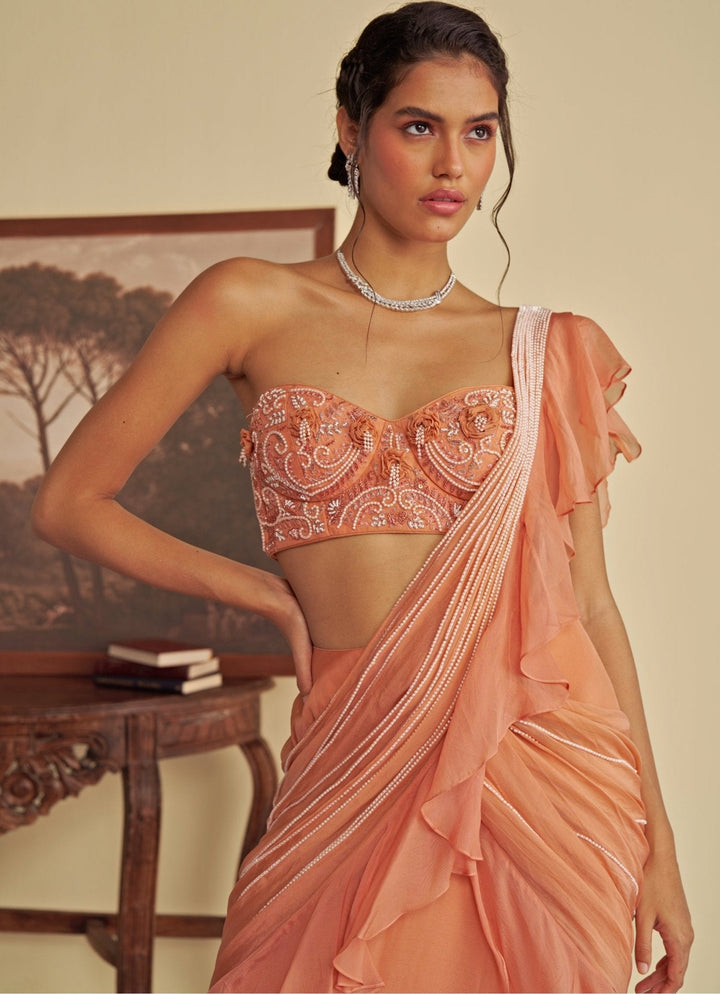 Orange Predraped Ruffle Organza Saree Jade by Ashima - Fabilicious Fashion