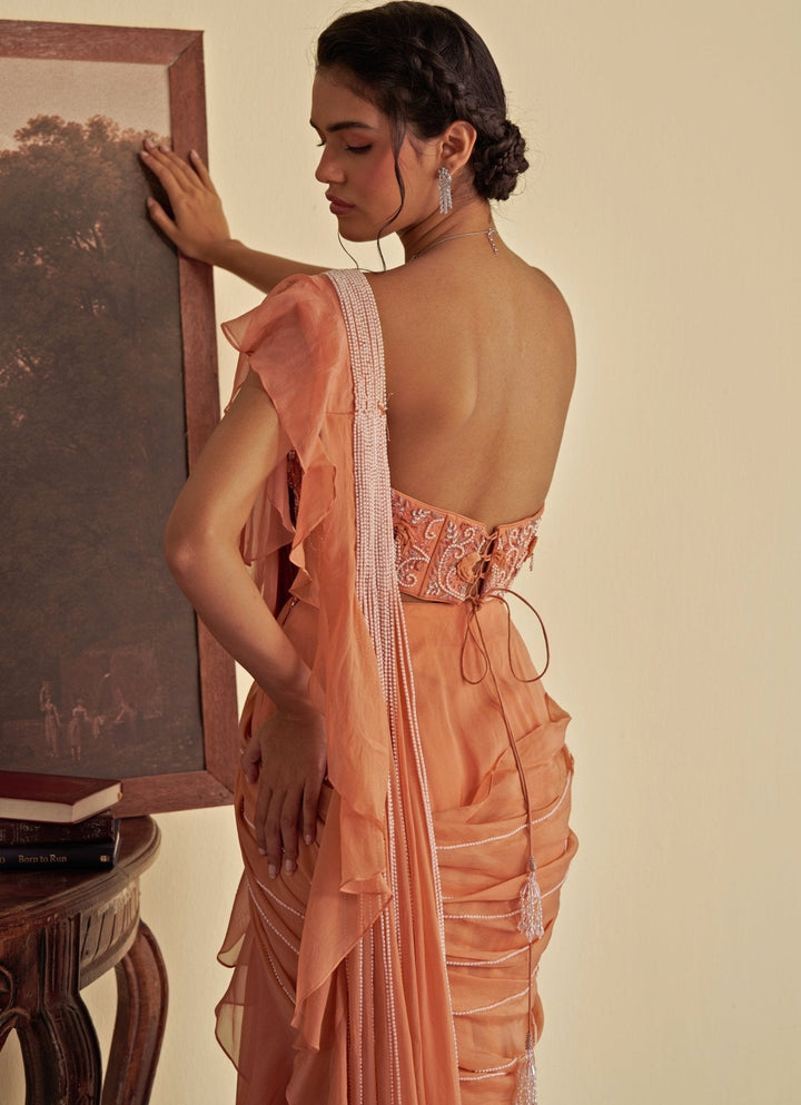 Orange Predraped Ruffle Organza Saree Jade by Ashima - Fabilicious Fashion