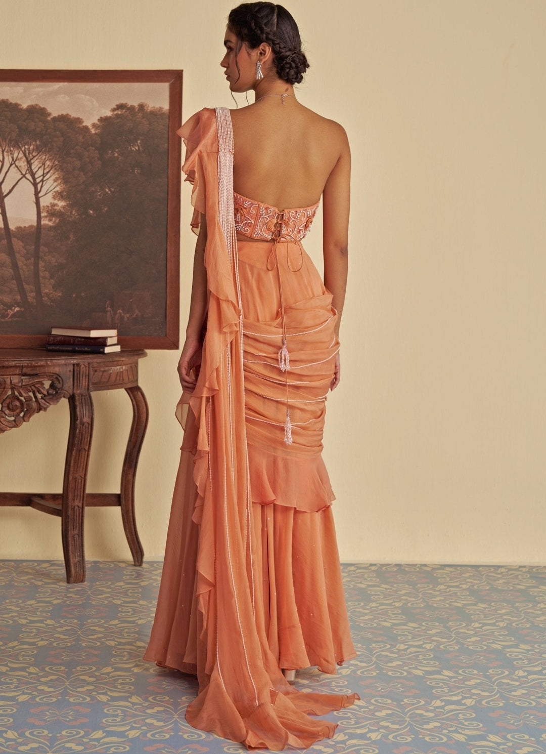 Orange Predraped Ruffle Organza Saree Jade by Ashima - Fabilicious Fashion