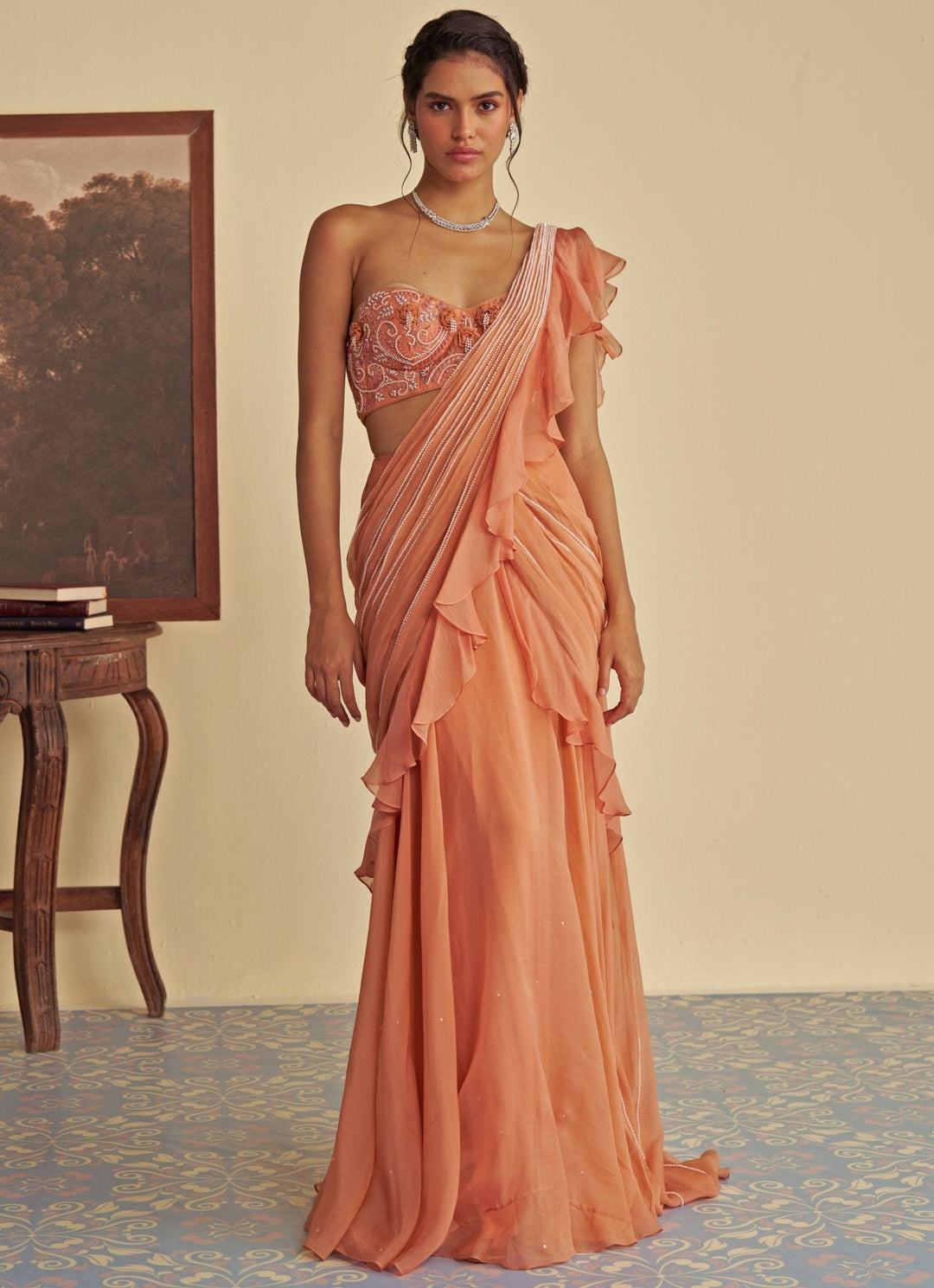 Orange Predraped Ruffle Organza Saree Jade by Ashima - Fabilicious Fashion
