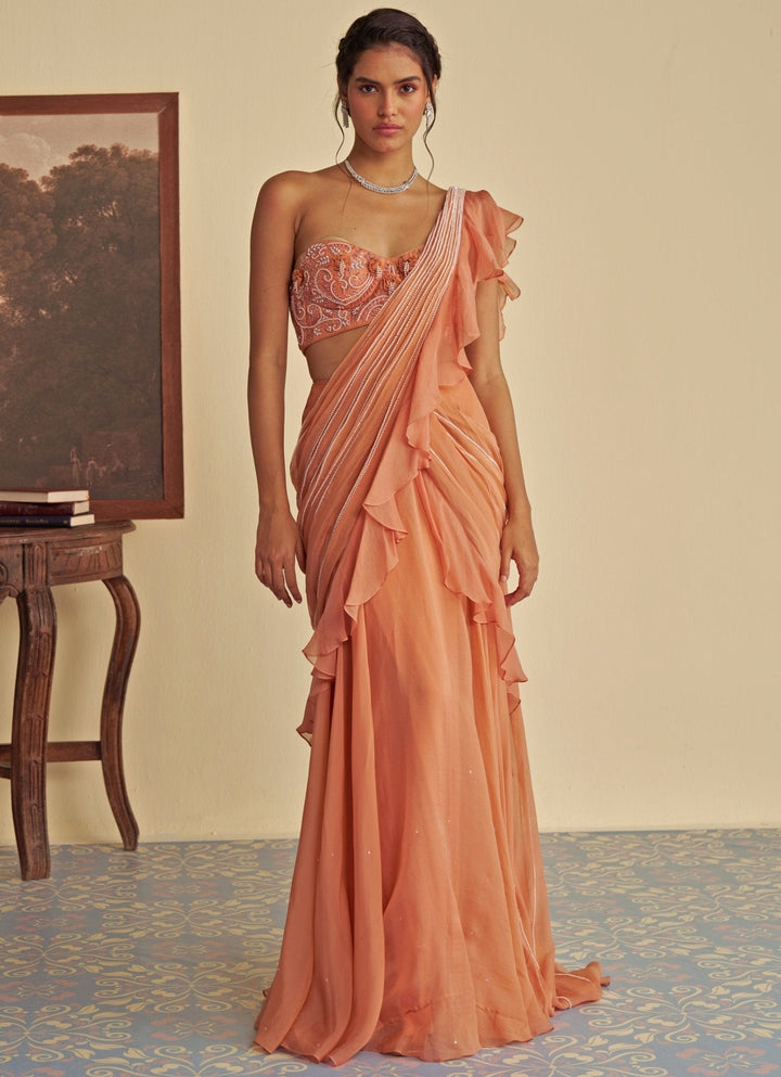 Orange Predraped Ruffle Organza Saree Jade by Ashima - Fabilicious Fashion