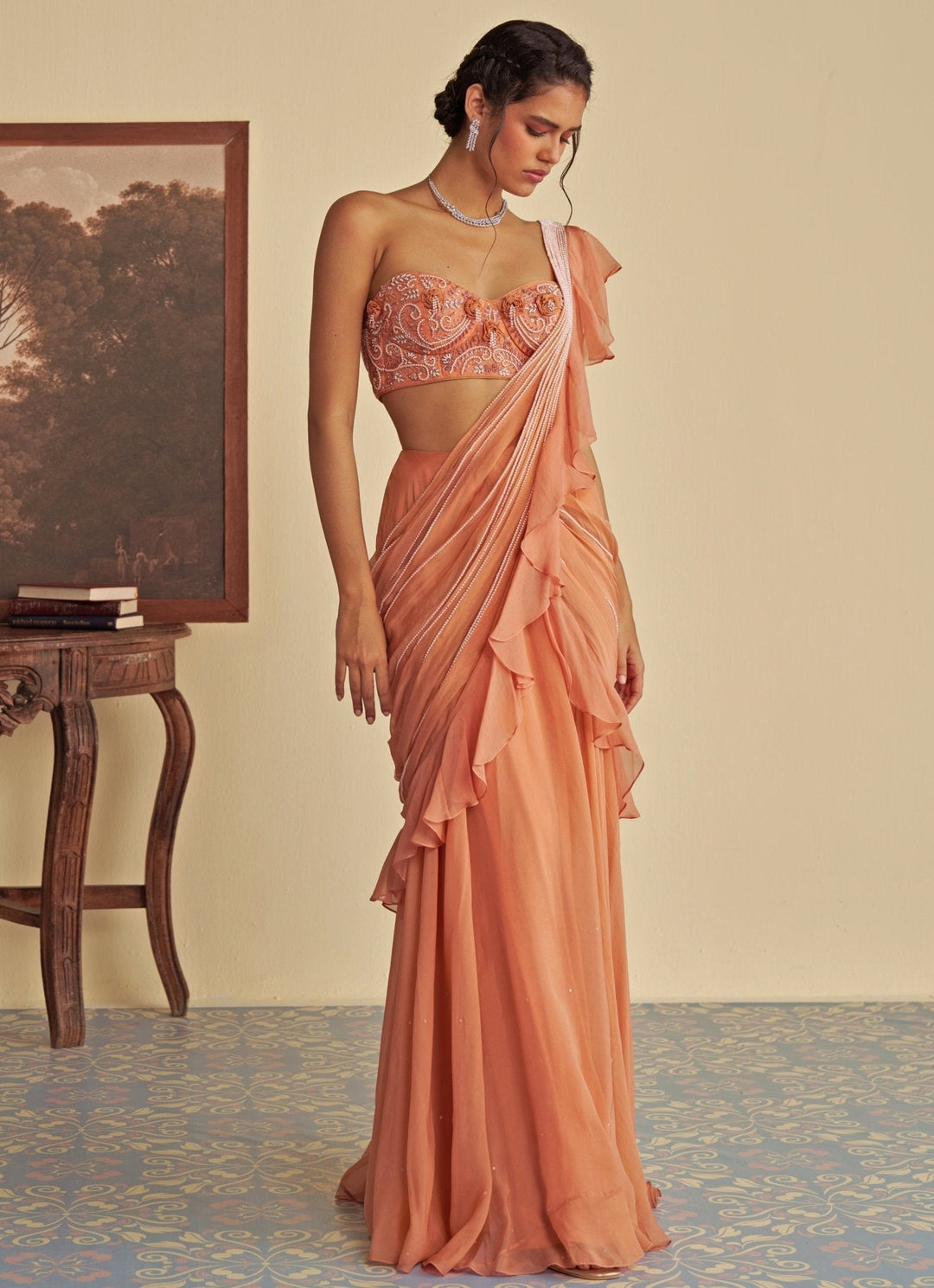 Orange Predraped Ruffle Organza Saree Jade by Ashima - Fabilicious Fashion