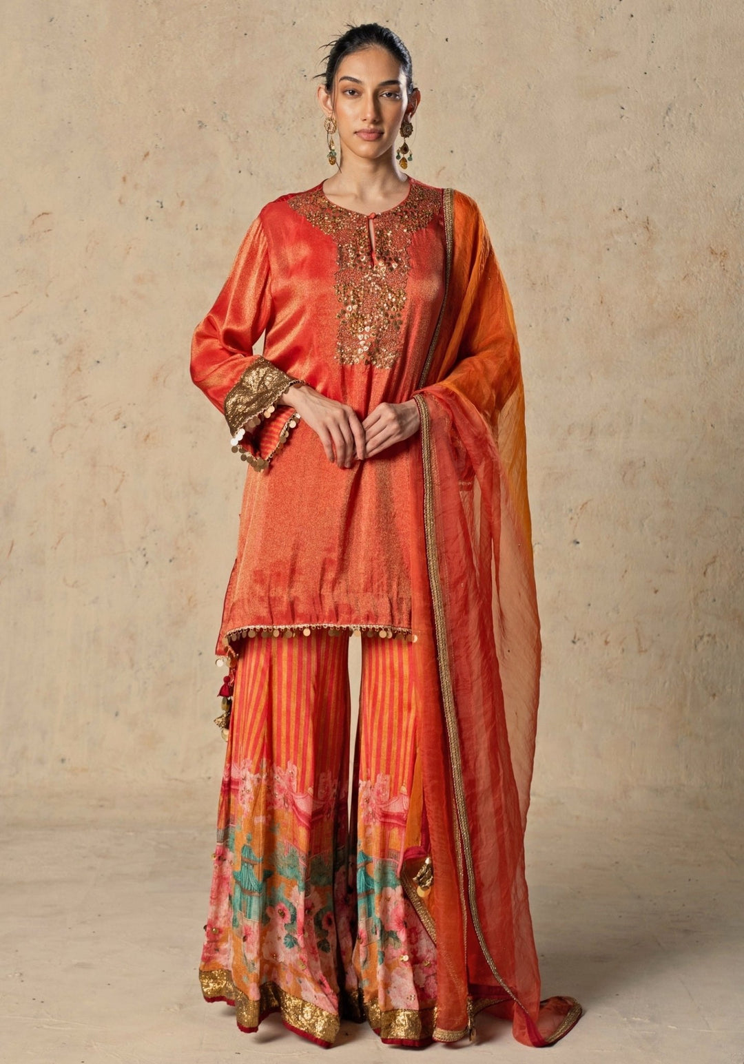 Basil Leaf Orange Printed Chiffon Kurta Sharara SetFabilicious Fashion