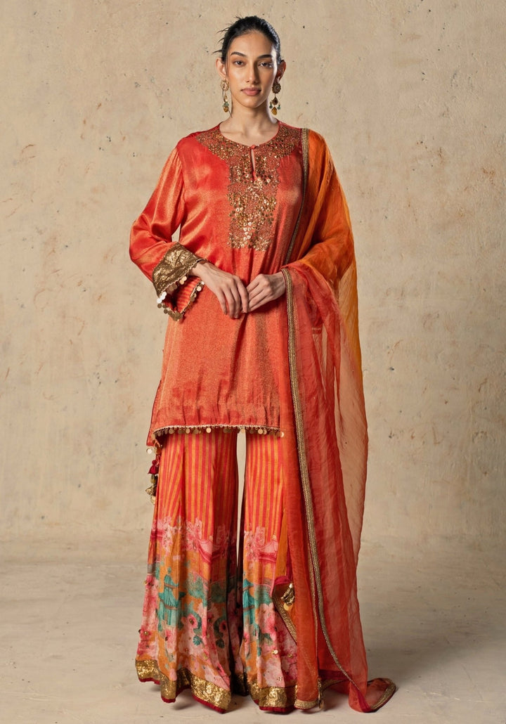 Basil Leaf Orange Printed Chiffon Kurta Sharara SetFabilicious Fashion