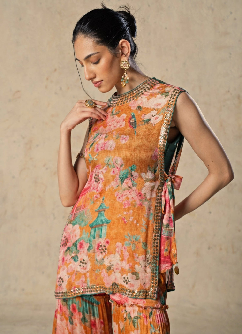 Basil Leaf Orange Printed Chiffon Pants SetFabilicious Fashion