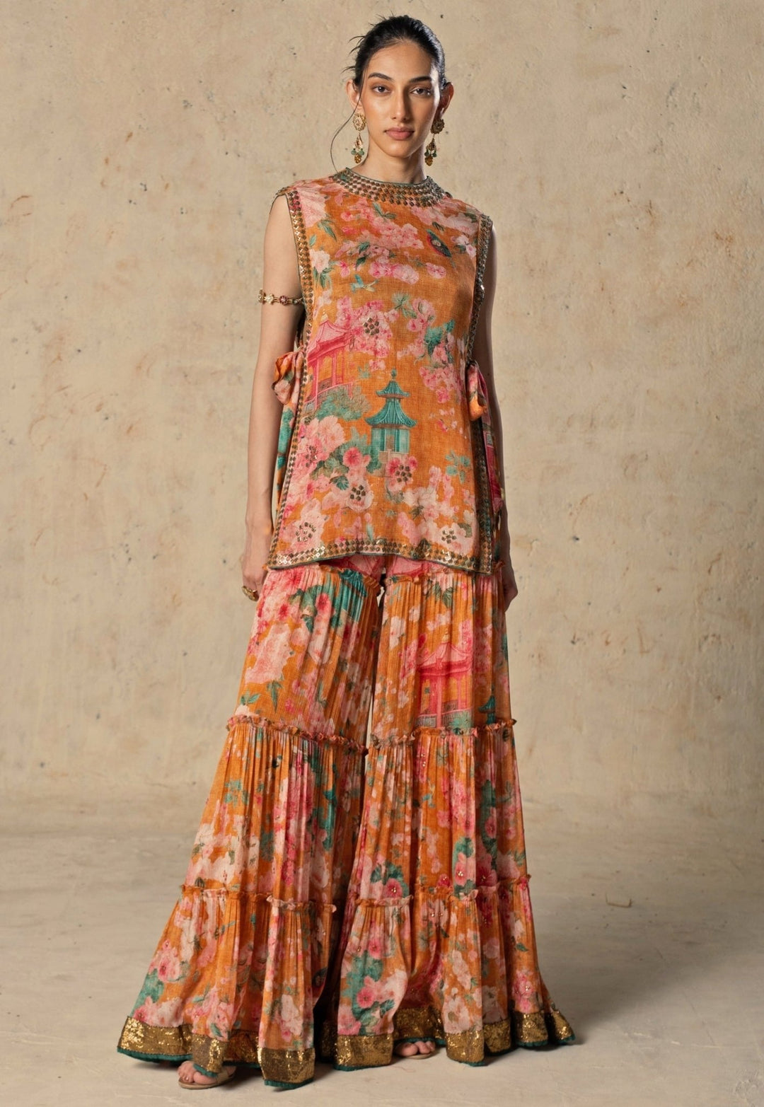 Basil Leaf Orange Printed Chiffon Pants SetFabilicious Fashion