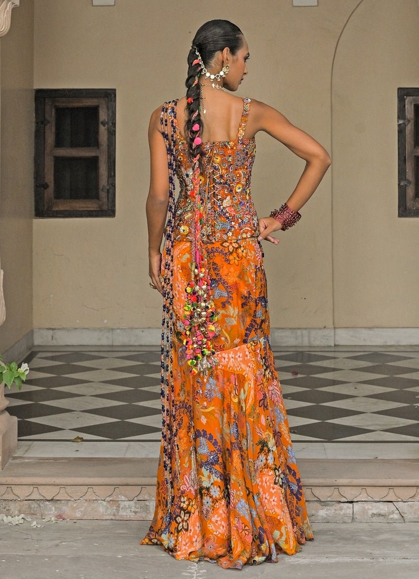 Juhi Bengani Orange Printed Chinon Pre - Draped Saree With CorsetFabilicious Fashion