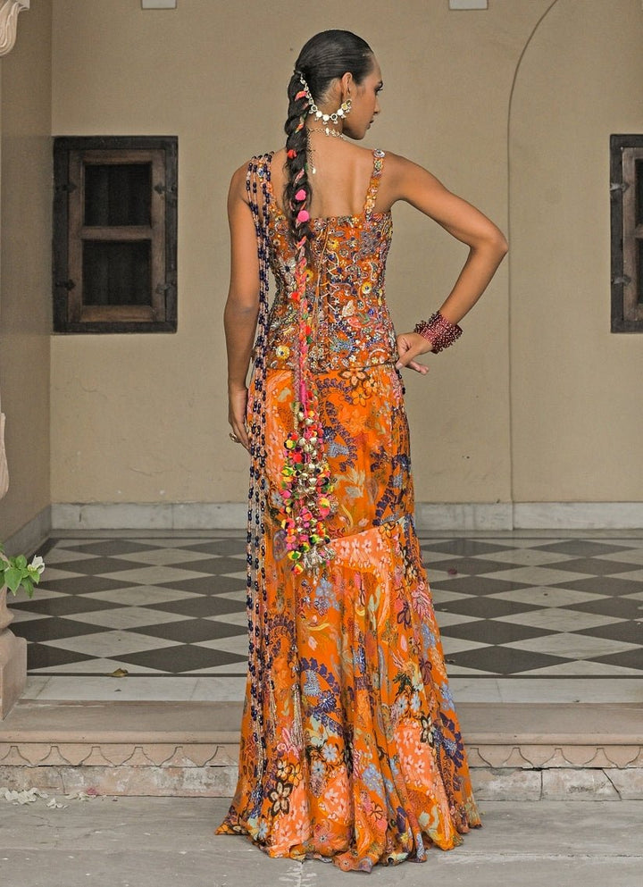 Juhi Bengani Orange Printed Chinon Pre - Draped Saree With CorsetFabilicious Fashion