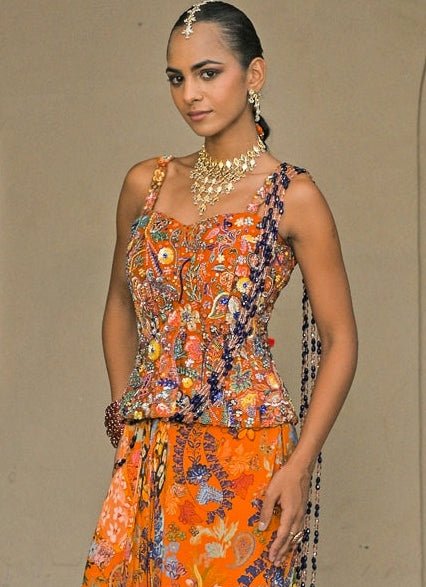 Juhi Bengani Orange Printed Chinon Pre - Draped Saree With CorsetFabilicious Fashion