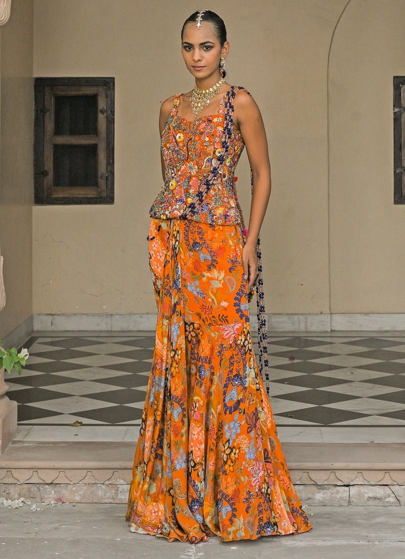 Juhi Bengani Orange Printed Chinon Pre - Draped Saree With CorsetFabilicious Fashion