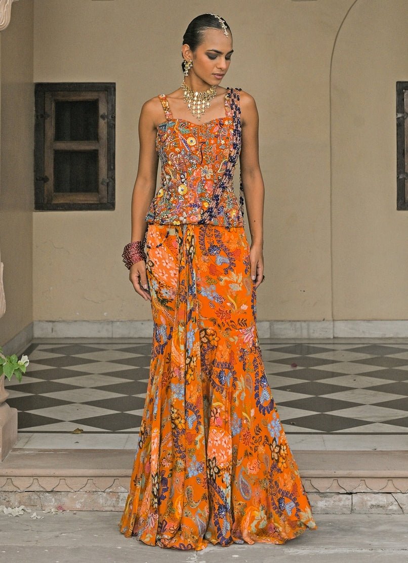 Juhi Bengani Orange Printed Chinon Pre - Draped Saree With CorsetFabilicious Fashion