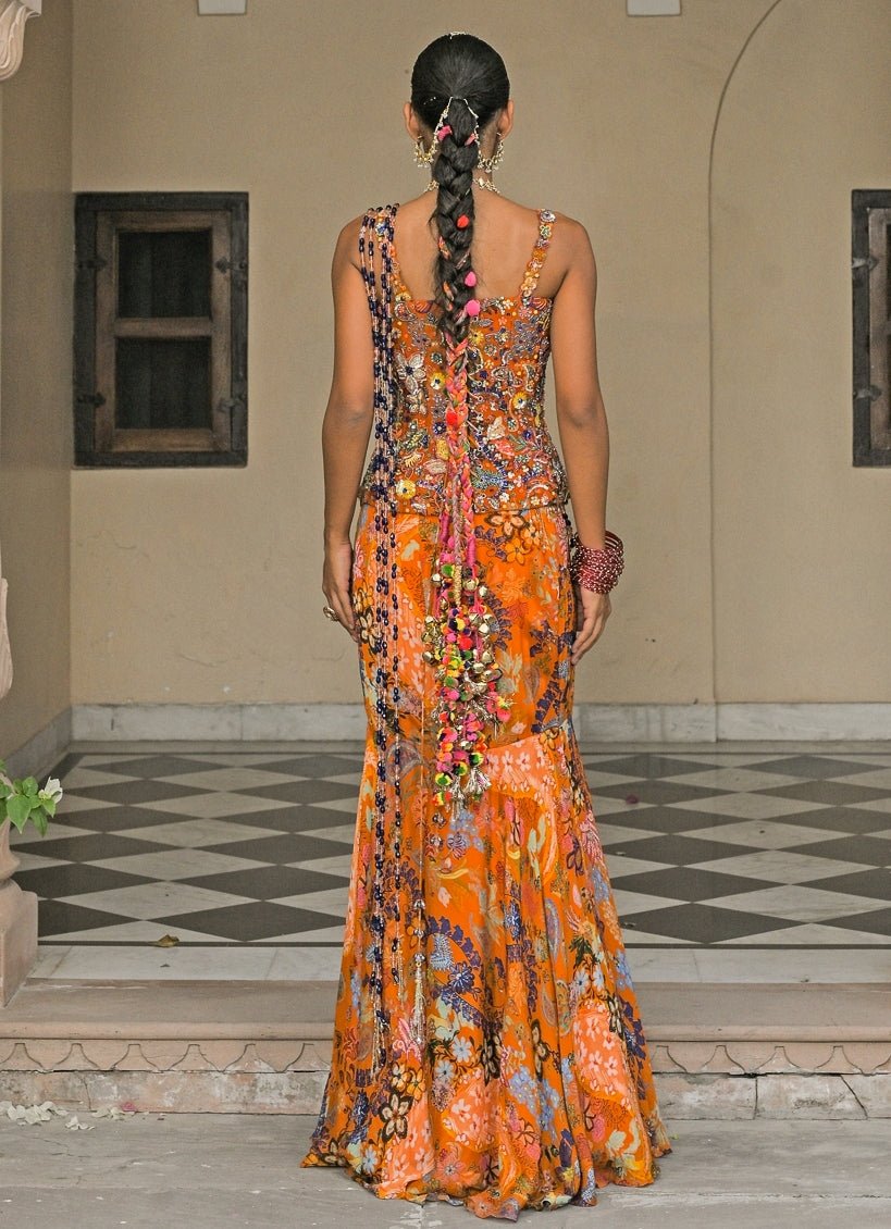 Juhi Bengani Orange Printed Chinon Pre - Draped Saree With CorsetFabilicious Fashion
