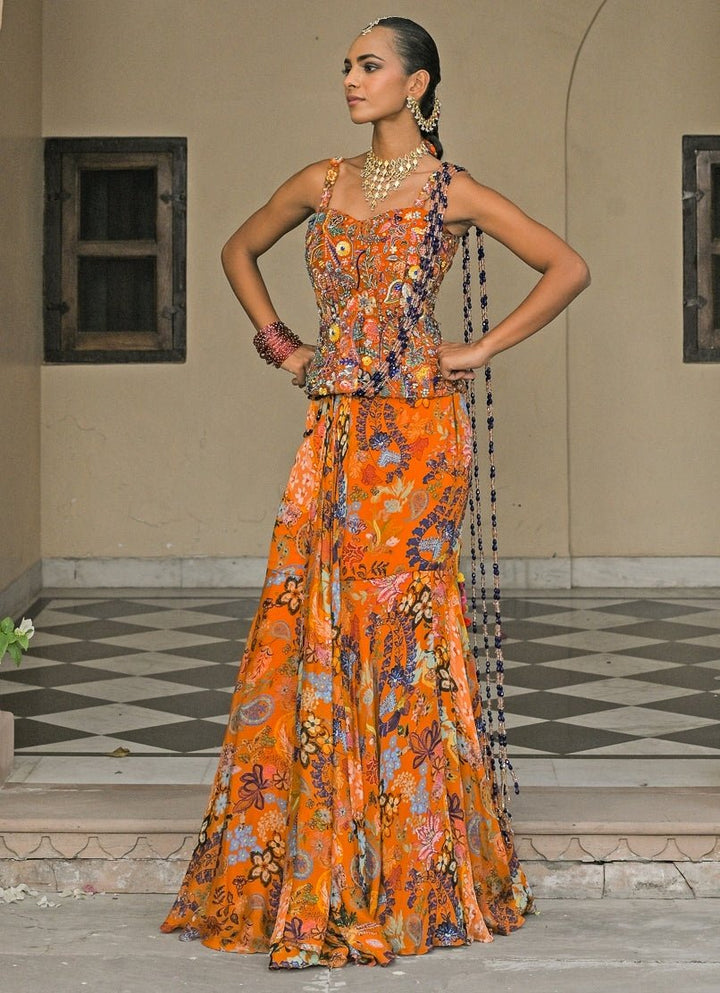 Juhi Bengani Orange Printed Chinon Pre - Draped Saree With CorsetFabilicious Fashion