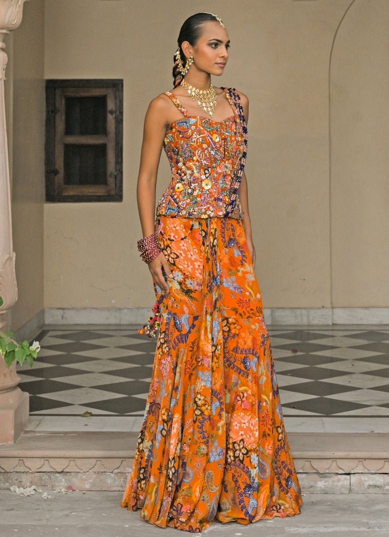 Juhi Bengani Orange Printed Chinon Pre - Draped Saree With CorsetFabilicious Fashion