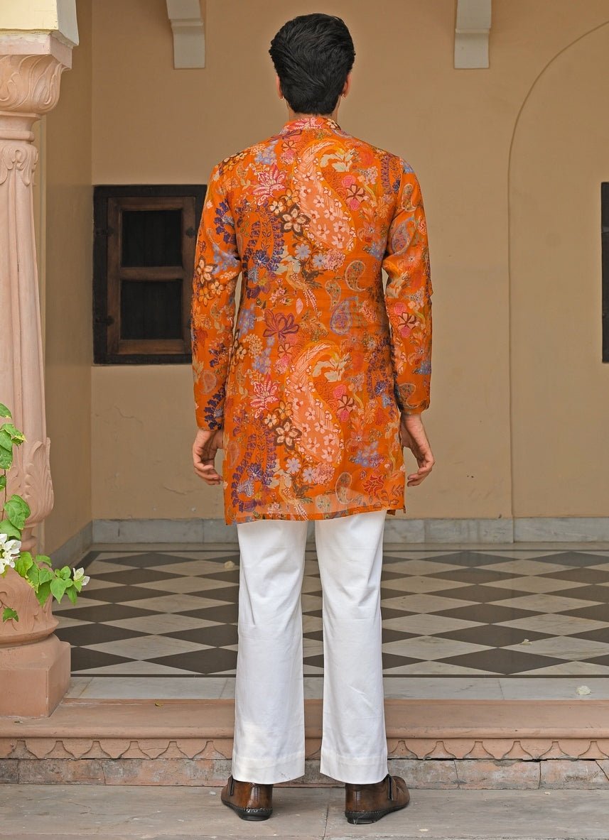 Orange Printed Organza Kurta Pants Set Juhi Bengani - Men - Fabilicious Fashion