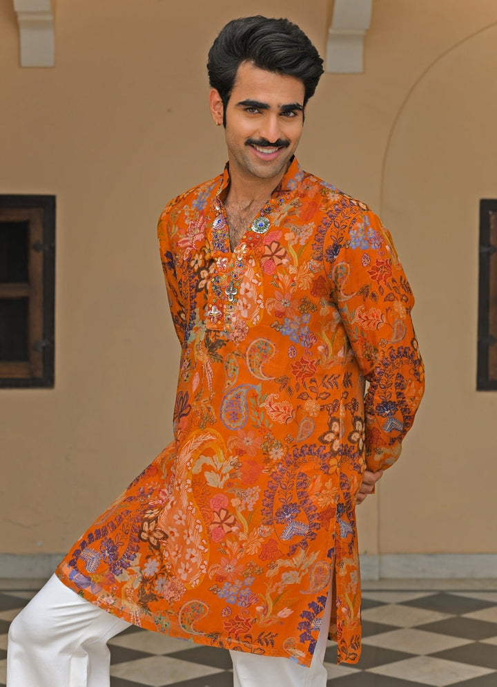 Orange Printed Organza Kurta Pants Set Juhi Bengani - Men - Fabilicious Fashion
