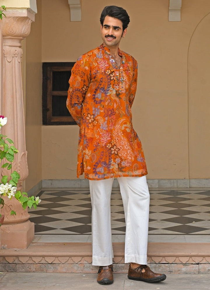 Orange Printed Organza Kurta Pants Set Juhi Bengani - Men - Fabilicious Fashion