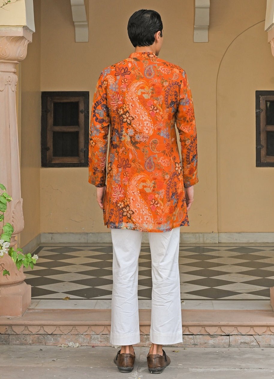 Orange Printed Organza Kurta Pants Set Juhi Bengani - Men - Fabilicious Fashion