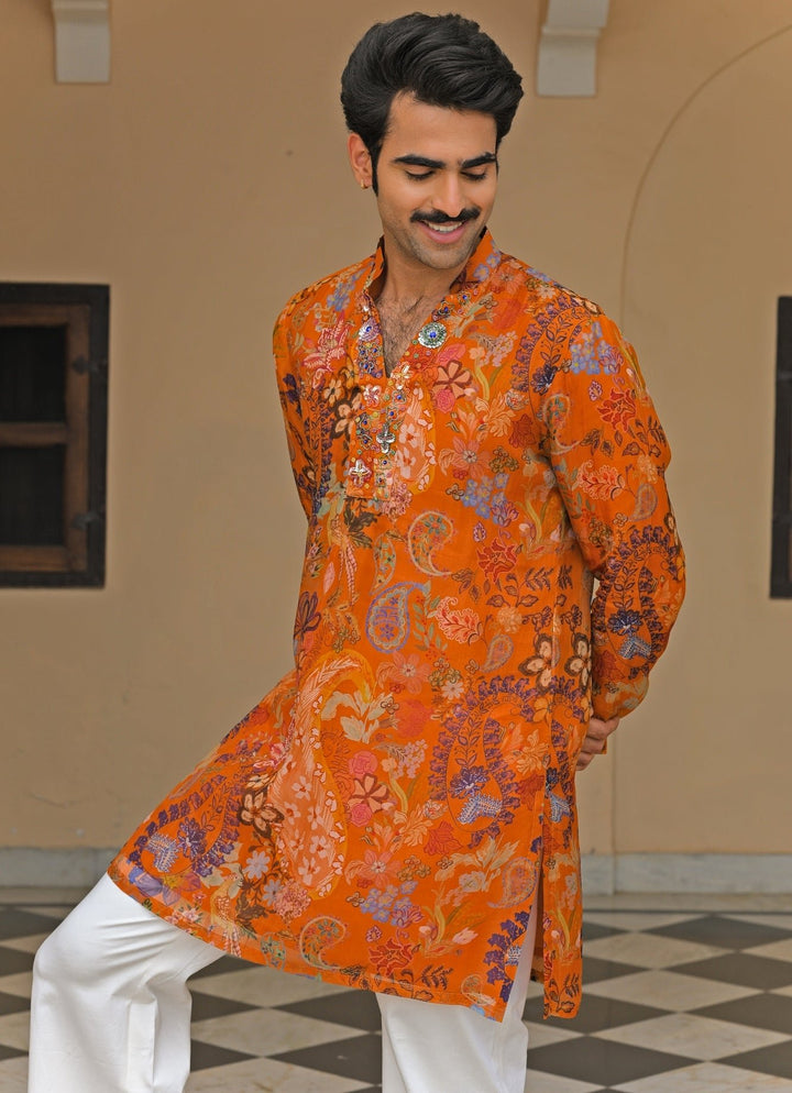 Orange Printed Organza Kurta Pants Set Juhi Bengani - Men - Fabilicious Fashion