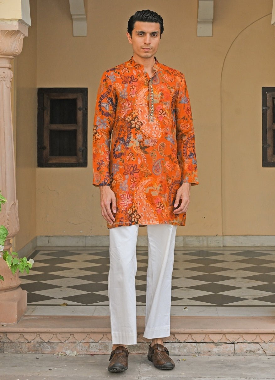 Orange Printed Organza Kurta Pants Set Juhi Bengani - Men - Fabilicious Fashion