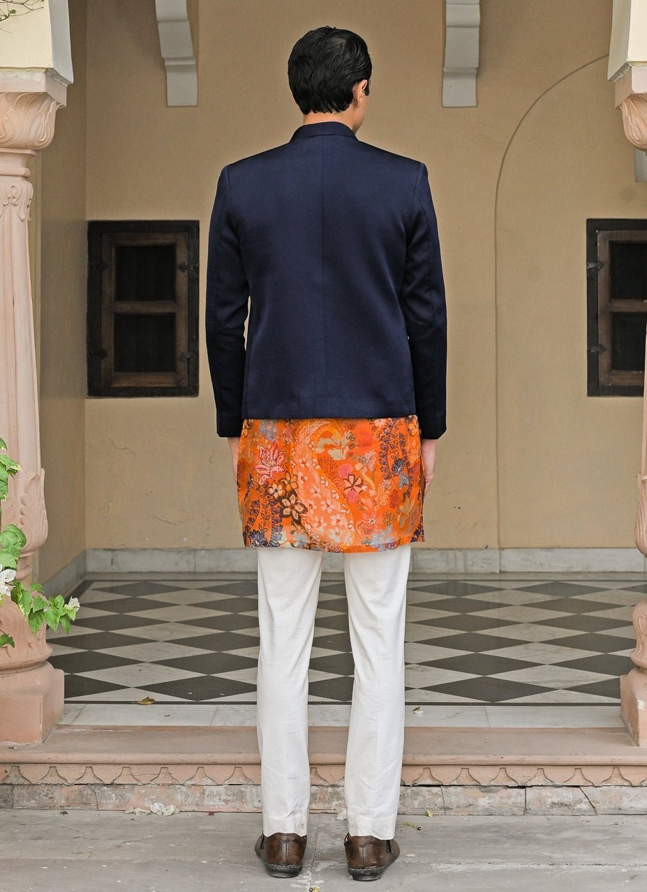 Orange Printed Organza Kurta Set with Navy Blue Achkan Juhi Bengani - Men - Fabilicious Fashion