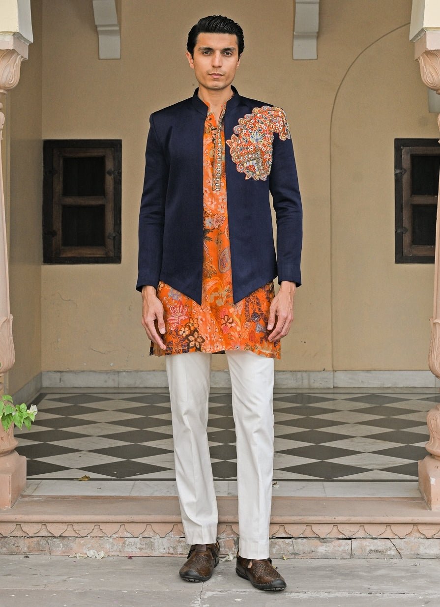 Orange Printed Organza Kurta Set with Navy Blue Achkan Juhi Bengani - Men - Fabilicious Fashion