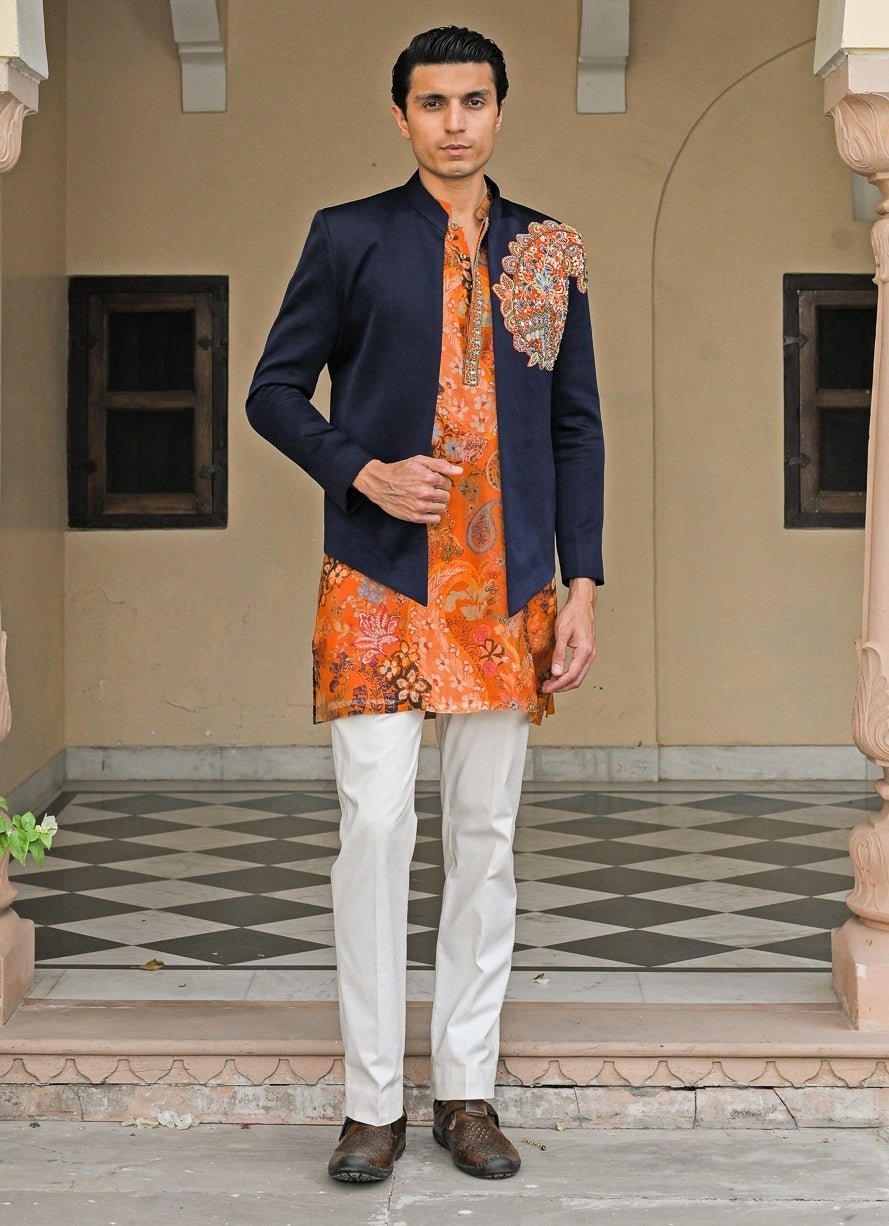 Orange Printed Organza Kurta Set with Navy Blue Achkan Juhi Bengani - Men - Fabilicious Fashion