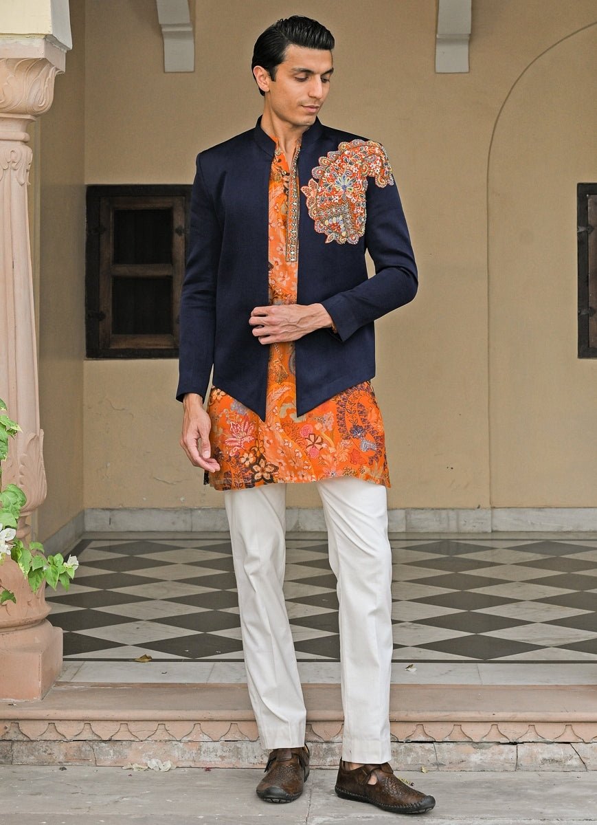 Orange Printed Organza Kurta Set with Navy Blue Achkan Juhi Bengani - Men - Fabilicious Fashion
